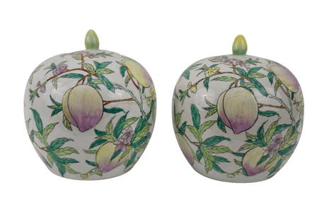 Pair of Chinese Famille Verte Lidded Jars, 20th Century With peach decoration, Each with conforming: Pair of Chinese Famille Verte Lidded Jars, 20th Century With peach decoration, Each with conforming lid, Spurious stamped Qianlang mark on base, H. 9&rdquo; X Dia. 7&rdquo;