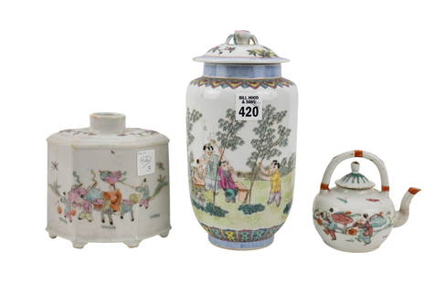Three Chinese Famille Rose Table Articles, 20th Century, Comprising:: Three Chinese Famille Rose Table Articles, 20th Century, Comprising: A) An octagonal footed tea caddy with genre scene of family and a procession, Stamped on bottom with red stamp and customs wax seal