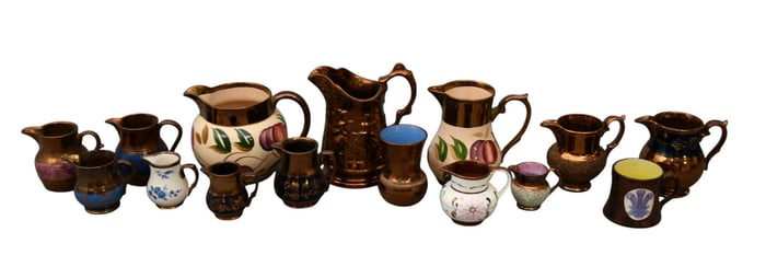 Collection of Antique Copper, Lusters, Pitchers, tallest is 7"h, smallest is 3"h