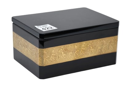 MOSER black glass lidded dresser box with 1 ¼?? gilt figural band, Signed on bottom “Moser?? .