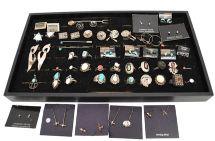 Sterling Silver Jewelry Lot. Rings size 3 - 8.25, Earrings, Cufflinks and pins. Old pawn rings some