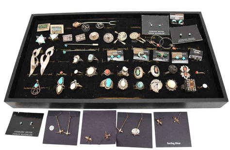 Sterling Silver Jewelry Lot. Rings size 3 - 8.25, Earrings, Cufflinks and pins. Old pawn rings some: Sterling Silver Jewelry Lot. Rings size 3 - 8.25, Earrings, Cufflinks and pins. Old pawn rings some signed. Wt. 189.3 grams