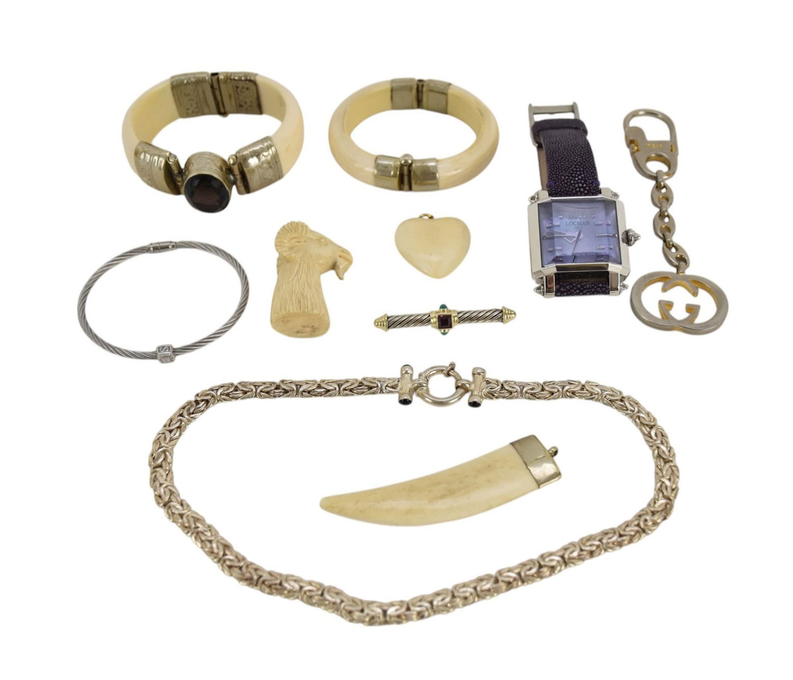 Sterling Silver & Costume Jewelry Lot. David Yurman Brooch 14K & Sterling Silver, Stainless Steel: Sterling Silver & Costume Jewelry Lot. David Yurman Brooch 14K & Sterling Silver, Stainless Steel Cable Bracelet with 18K with gold charm. Sterling Silver Necklace, Locman Watch, Gucci key chain and B