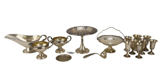 Sterling Silver Holloware Lot. Gravy Boat with spoon, Wallace Grand baroque Compote, Sugar and