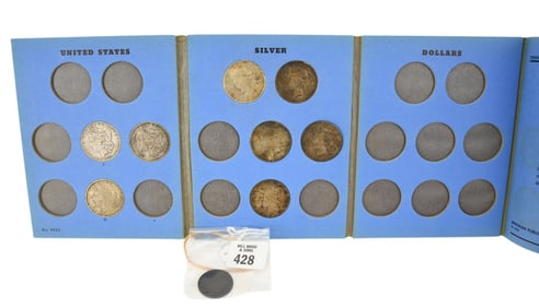 9 US Silver Coins 1854 - 1934. 1854 Seated Liberty Half dollar. 3 Morgan dollars 1881 O, 1889 O,