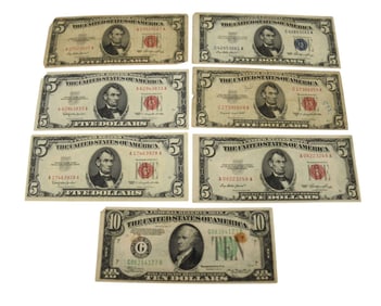 US 10 & 5 Dollar Note. 10 dollar green seal 1934A, (4) 5 dollar 1953 3 are red seal. (2) 5 dollar