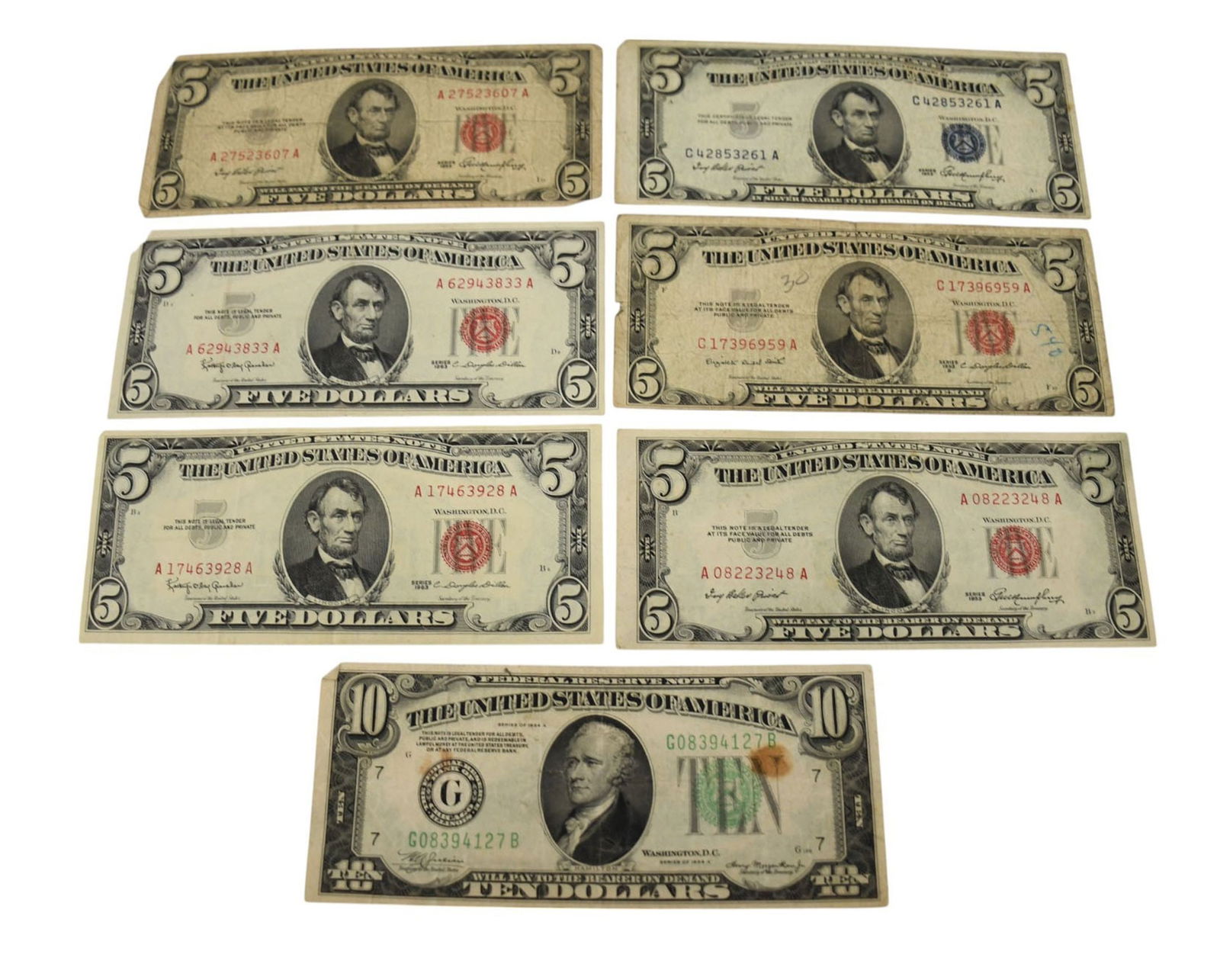 US 10 & 5 Dollar Note.  10 dollar green seal 1934A, (4) 5 dollar 1953 3 are red seal. (2) 5 dollar (1 of 12)