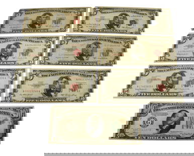 US 10 & 5 Dollar Note.  10 dollar green seal 1934A, (4) 5 dollar 1953 3 are red seal. (2) 5 dollar: US 10 & 5 Dollar Note. 10 dollar green seal 1934A, (4) 5 dollar 1953 3 are red seal. (2) 5 dollar red seal 1963