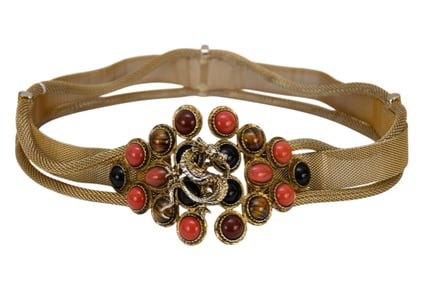 Vintage Gold Tone Beaded Dragon Belt. 27" unsigned