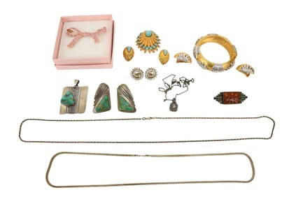 Sterling Silver & Costume Jewelry Lot. Turquoise sterling pendant signed L.M. Nez, Pair of turquoise