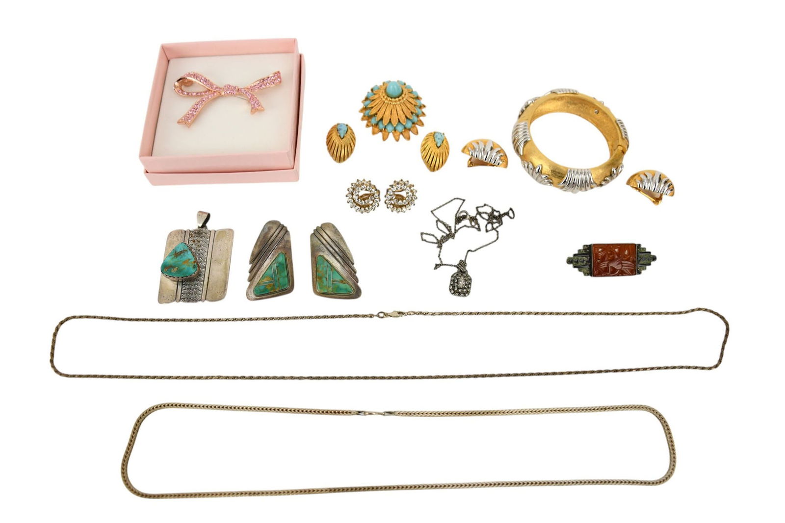 Sterling Silver & Costume Jewelry Lot. Turquoise sterling pendant signed L.M. Nez, Pair of turquoise (1 of 14)