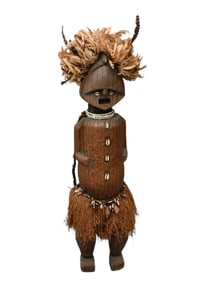 Tribal African / Oceanic Art Guardian Ancestor Figure - Wood, metal, shell, glass beads, feathers,
