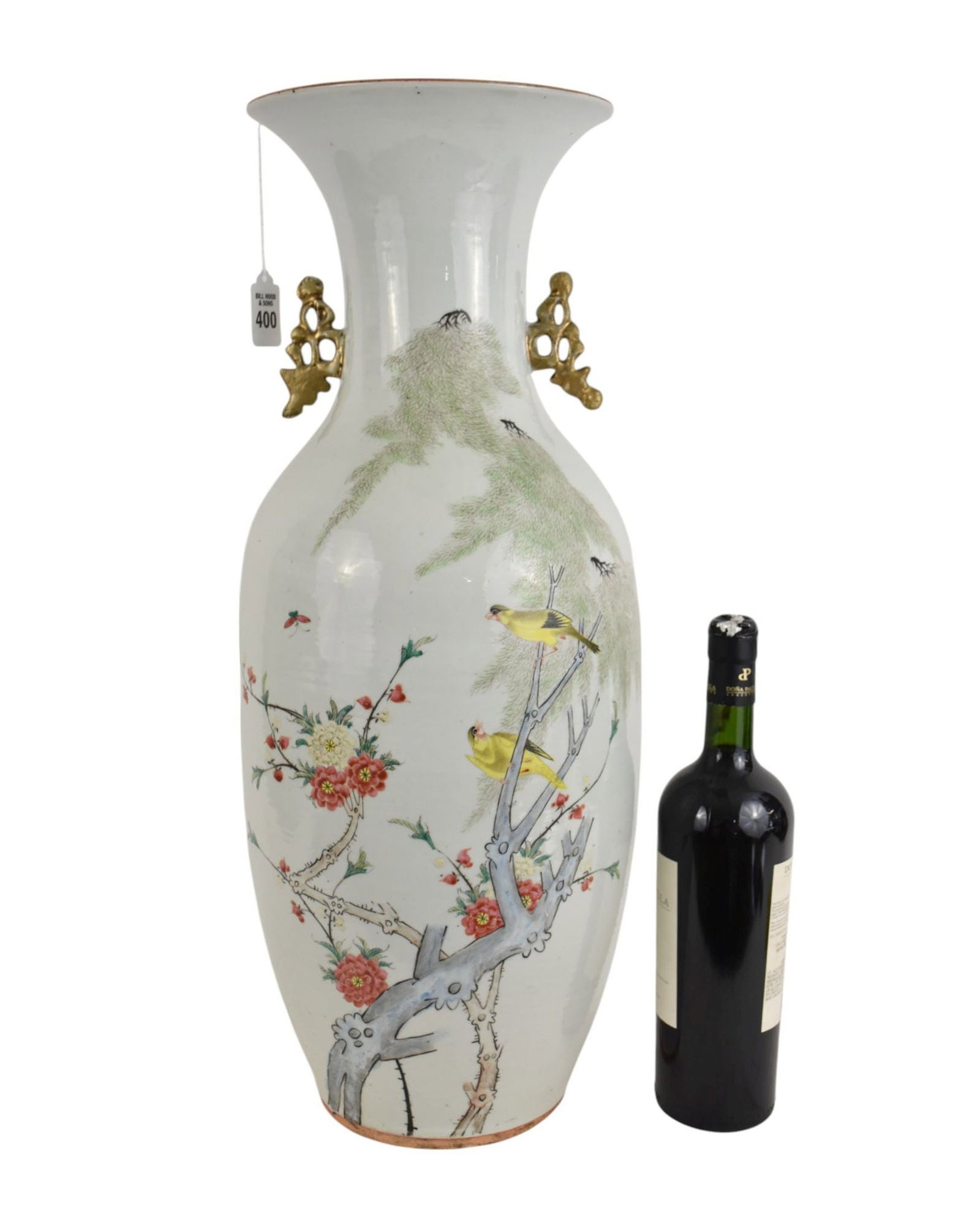 Large Qing Dynasty Chinese Porcelain Vase, Birds, Florals - c. 19th century. A large baluster vase: Large Qing Dynasty Chinese Porcelain Vase, Birds, Florals - c. 19th century. A large baluster vase with a flared rim, two stylized gilt handles at neck. Polychrome enamel decoration depicting a scene 