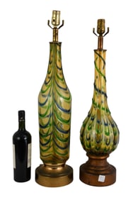 2 Murano Mid-Century Table Lamps, amber with green and blue swirls on Brass bases, need rewiring,
