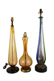 3 Murano Glass Mid Century Lamps, 2 Amber, 1 Multi Color, 23"h smallest, 35"h tallest, need rewiring
