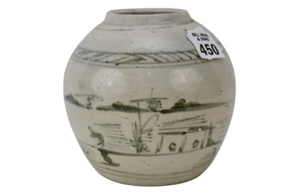 Antique Korean Pottery Ginger Jar, Possibly from Joseon Dynasty, landscape design and signed on