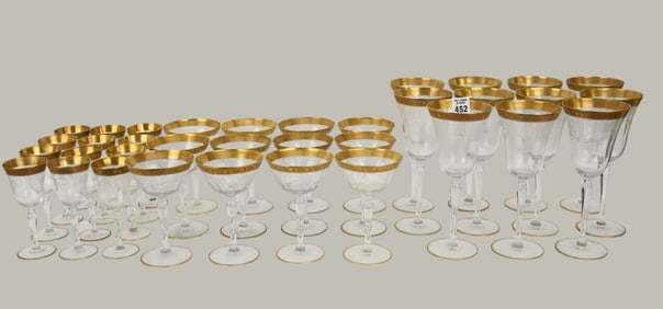 Set of 35 Am. 1940's Etched Stemware with gold band. 11 waters 8-3/4 inches. 12 Champagnes 6 in. and