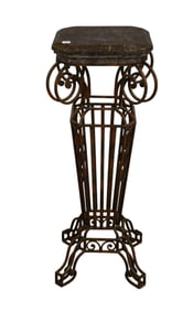 Decorative Iron Pedestal with marble tessalated top with canted corners -top is 13 x 13 inches, 35