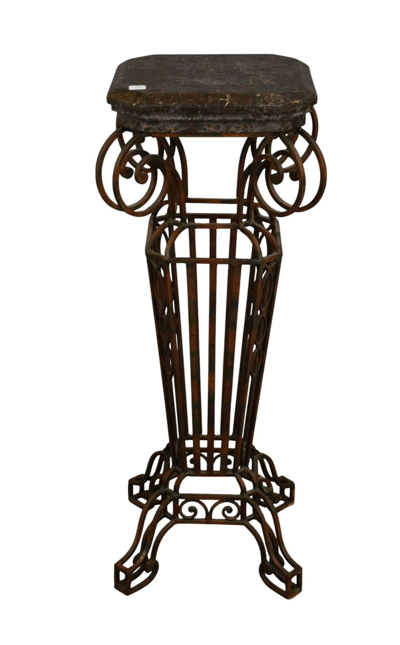 Decorative Iron Pedestal with marble tessalated top with canted corners -top is 13 x 13 inches, 35 (1 of 3)