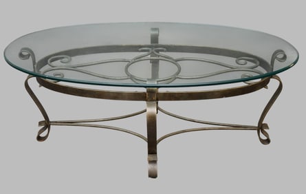 Decorative Iron Coffee Table, Scrolling base oval glass removable top, 19 inches tall, 48 wide x 28