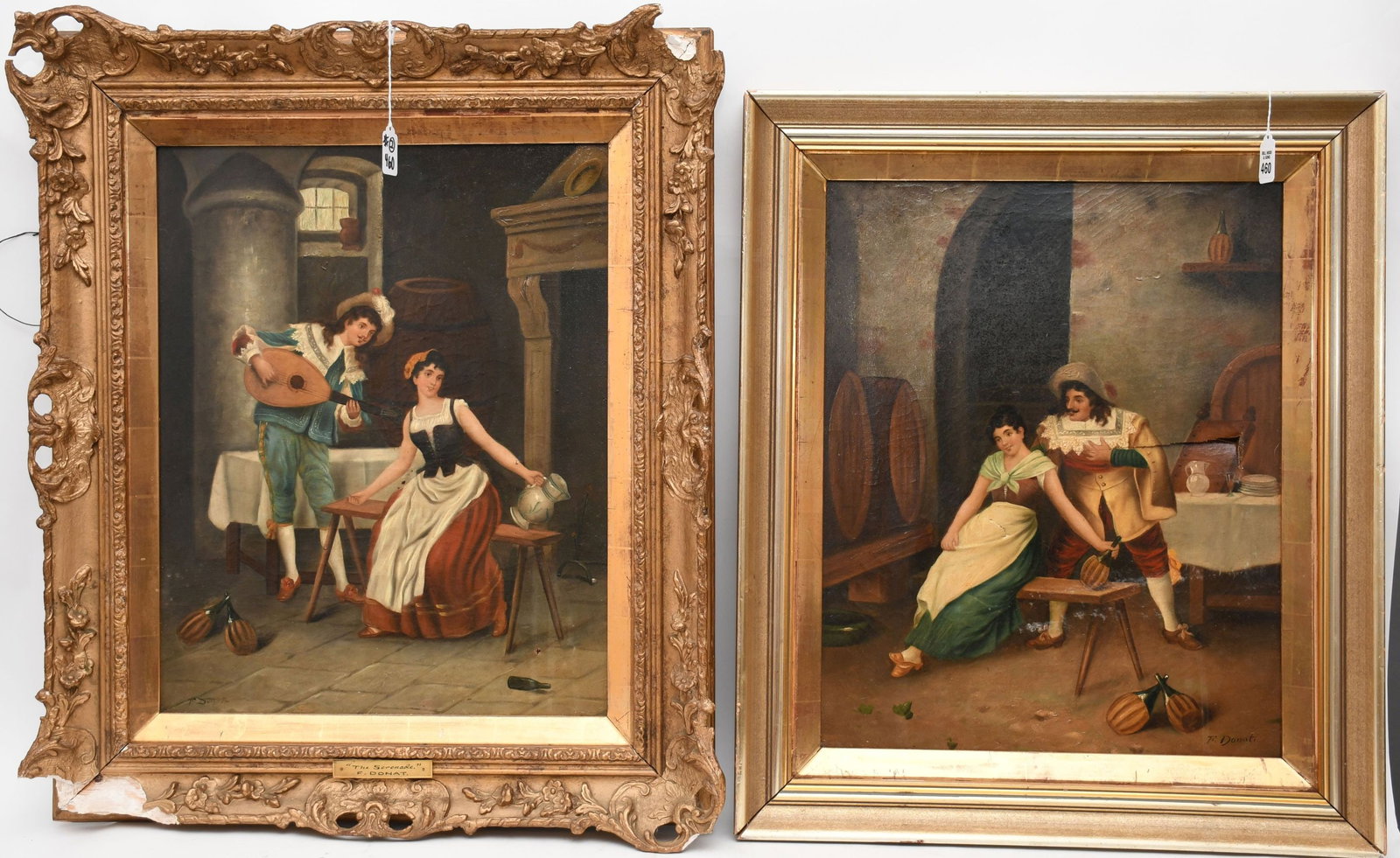 19th Century F. Donati Pair of Oil On Canvas Courting Scenes, canvas 20-3/4 x 16-3/4 inches. one has: 19th Century F. Donati Pair of Oil On Canvas Courting Scenes, canvas 20-3/4 x 16-3/4 inches. one has very large tear, overall with frame size 28 x 24 inches.