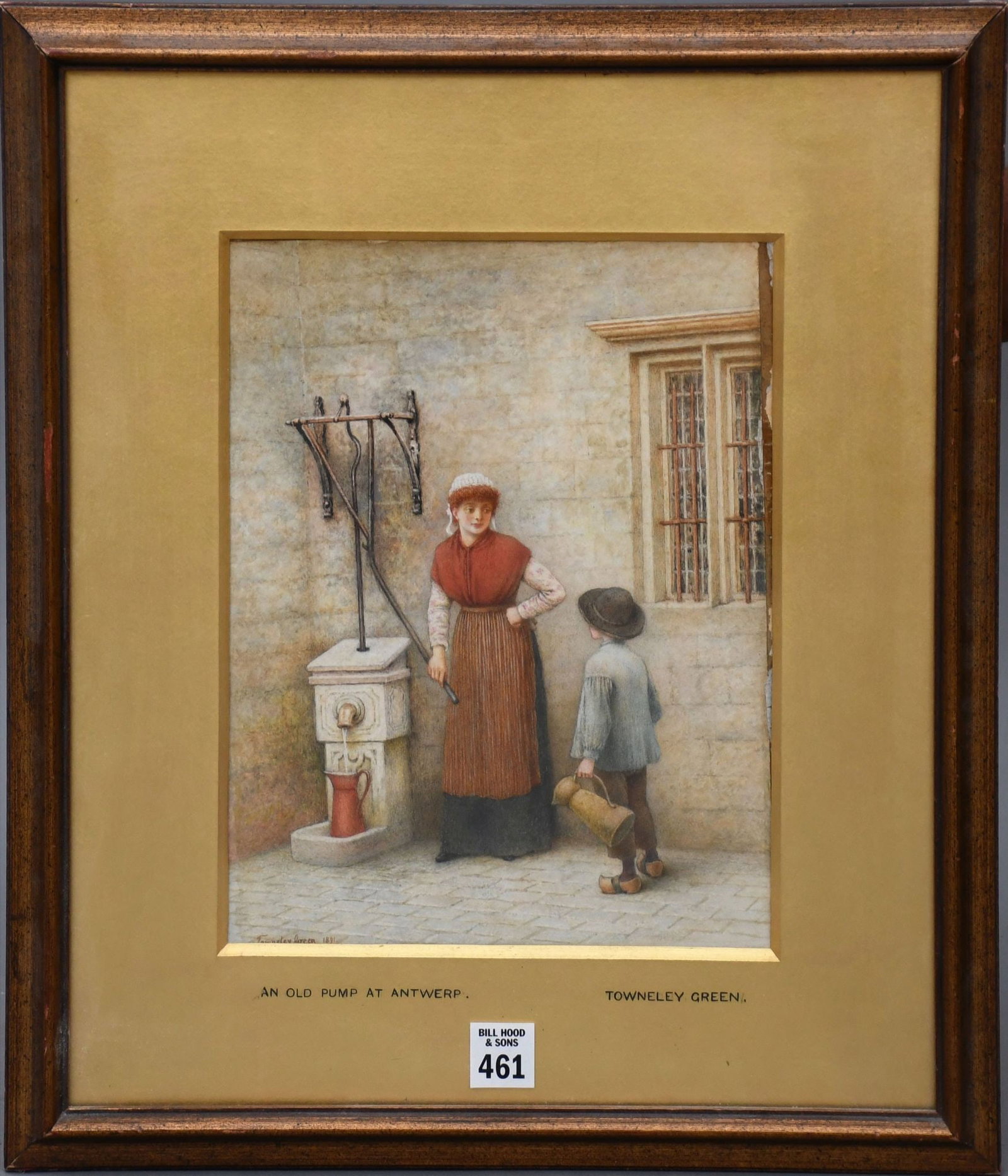 Townley Green (19th century-UK) Watercolor- Pump at Antwerp, signed lower left and dated 1891: Townley Green (19th century-UK) Watercolor- Pump at Antwerp, signed lower left and dated 1891 Townley Green, site sizes 11 x 8 1/2 inches, overall frame size 18 x 15 1/2inches.