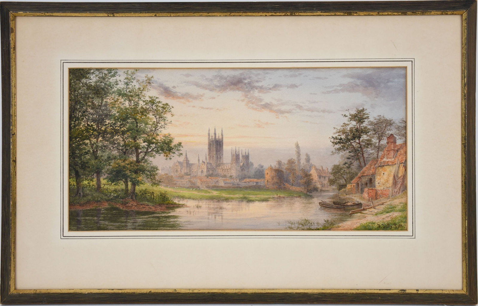 19th Century English School Watercolor by Tully Satt, Landscape Castle Scene, site size 19 x 9: 19th Century English School Watercolor by Tully Satt, Landscape Castle Scene, site size 19 x 9 inches, overall frame size 17 x 27 inches