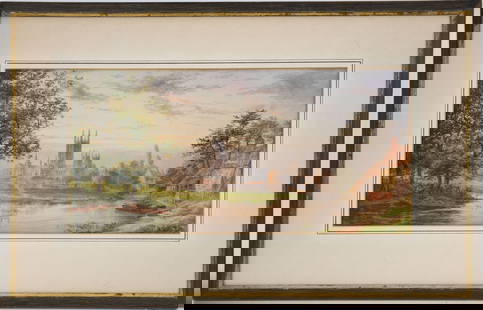 19th Century English School Watercolor by Tully Satt, Landscape Castle Scene, site size 19 x 9: 19th Century English School Watercolor by Tully Satt, Landscape Castle Scene, site size 19 x 9 inches, overall frame size 17 x 27 inches