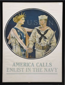 Vintage Iconic WWI Recruiting Poster America Calls- Enlist in the Navy. poster 42 1/2 x 30 inches