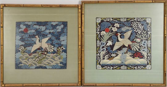 Two Antique Chinese Civil Rank Badges, Fifth Rank - Two Qing Dynasty Mandarin Squares or Civil Rank