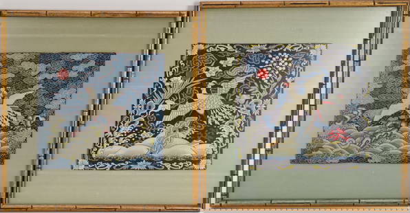 Two Antique Chinese Civil Rank Badges, Fifth Rank - Two Qing Dynasty Mandarin Squares or Civil Rank: Two Antique Chinese Civil Rank Badges, Fifth Rank - Two Qing Dynasty Mandarin Squares or Civil Rank Badges, each featuring a silver pheasant of the fifth rank. One with silk embroidery (9" x 9 5/8"),