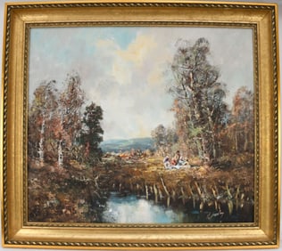 H Fisher (Germany b. 1917) oil on canvas- picnic in Herbst, 27 x 31?? overall frame size 32 1/2 x