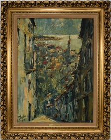 Street Scene signed Italo and dated 1969, Galerie Fontainebleau, oil on Masonite 22 1/2 x 16 1/2