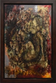 Abstract figures signed illegibly boutique? Painting 47 x 31 1/2 overall frame size 54 x 37 1/2.