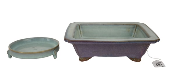 Chinese Flambe Planter & Ru-Style Censer - Two Chinese porcelain (stoneware) articles. Comprising A)