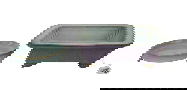Chinese Flambe Planter & Ru-Style Censer - Two Chinese porcelain (stoneware) articles. Comprising A): Chinese Flambe Planter & Ru-Style Censer - Two Chinese porcelain (stoneware) articles. Comprising A) Flambe Glazed Planter / Bonsai Pot, magenta/lavender/light blue glaze, rectangular, 2 7/8" h x 9 7/