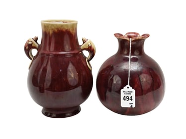 Two Chinese Flambe Glazed Porcelain Vases - Two Chinese porcelain vases with mottled and streaked