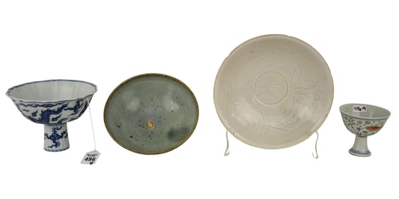 Four Chinese Porcelain Bowls - Four Chinese porcelain and stoneware bowls. Comprising: A) Blue &