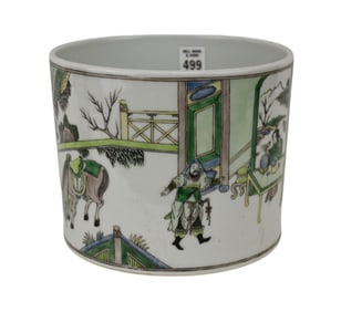 Chinese Famille Verte Porcelain Brush Pot - A cylindrical Chinese porcelain brush pot. Famille Verte