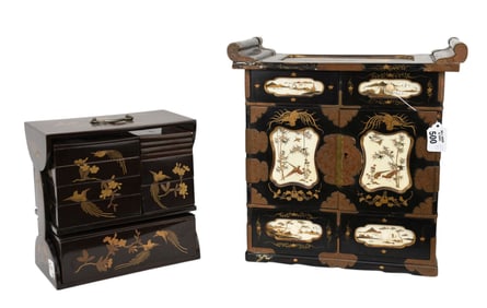 2 Japanese Lacquered Jewelry Boxes, One with Fitted Interior Drawers & Painted Landscape Panels