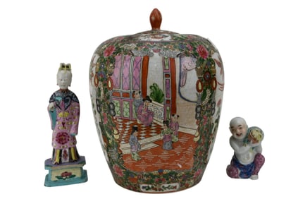 3 Porcelain Pcs, Rose Famille Verte Ginger Jar (13"h x 8"dia), 2 Chinese Figures (4 1/2"h & 9"h)hf