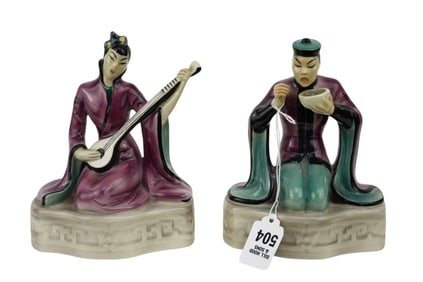 Pair Goldschneider Ceramic Oriental Figures, 6 1/2"h x 5"w