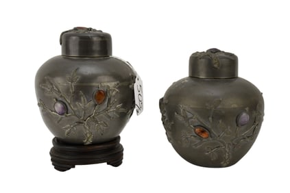Pair Chinese Tea Caddies, Pewter with Hardstone Decorations, One Screwed in on stand and One Sans