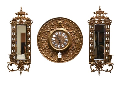 3 Pcs. Brass Wall Clock with Design in Relief (15"dia) AND Pair Ornate Mirrored Double Branch Wall