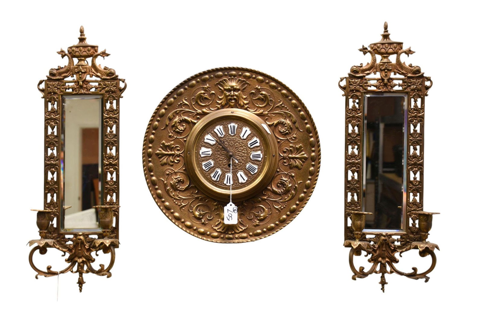 3 Pcs. Brass Wall Clock with Design in Relief (15"dia) AND Pair Ornate Mirrored Double Branch Wall (1 of 4)