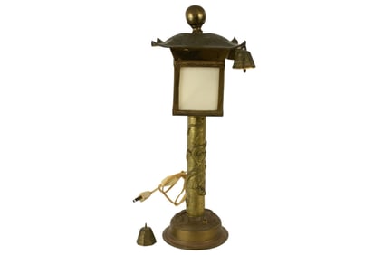 2pc. Heavy Brass Oriental Candlestick Lamp With Pagoda Form Shade, 13