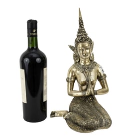 Seated Silvered Metal Boddhisattva Figure, 13 1/2"h x 6"w
