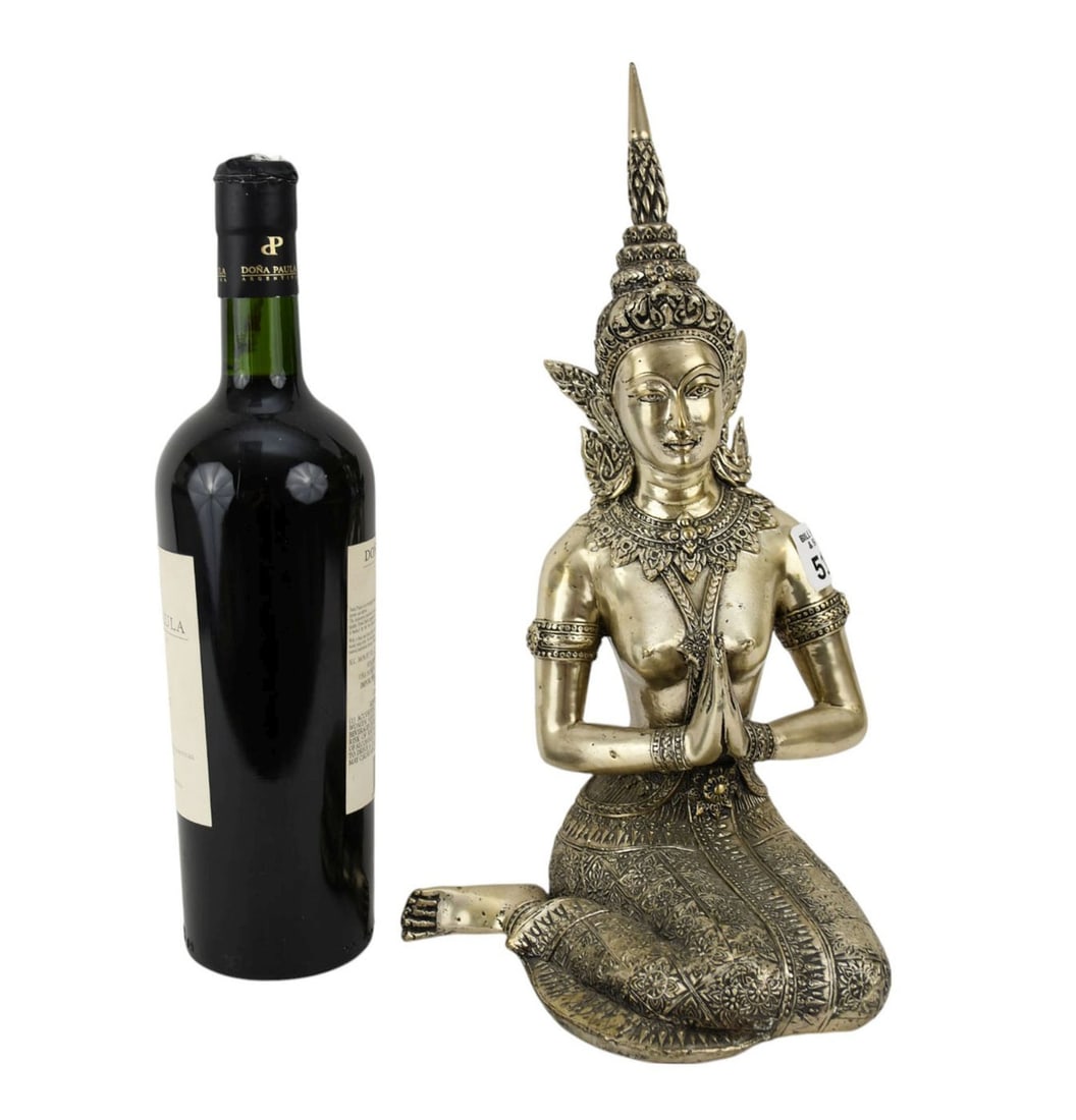 Seated Silvered Metal Boddhisattva Figure, 13 1/2"h x 6"w: Seated Silvered Metal Boddhisattva Figure, 13 1/2"h x 6"w