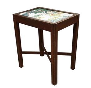 Small Wood Frame Side Table with Oriental Porcelain Insert, Landscape Motif, 18"h x 16"w x 11"d