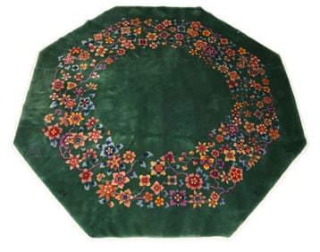 Green Chinese Octagonal Rug / Carpet, Made in China by Nichols, 10' Across x 10' DIA